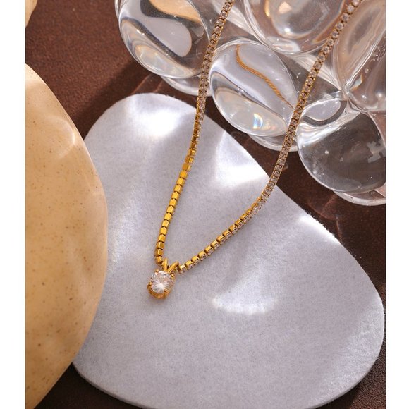 ^NEW 18K Gold Plated 2CT Solitaire Diamond Round Diamond Chain Necklace - Picture 5 of 8